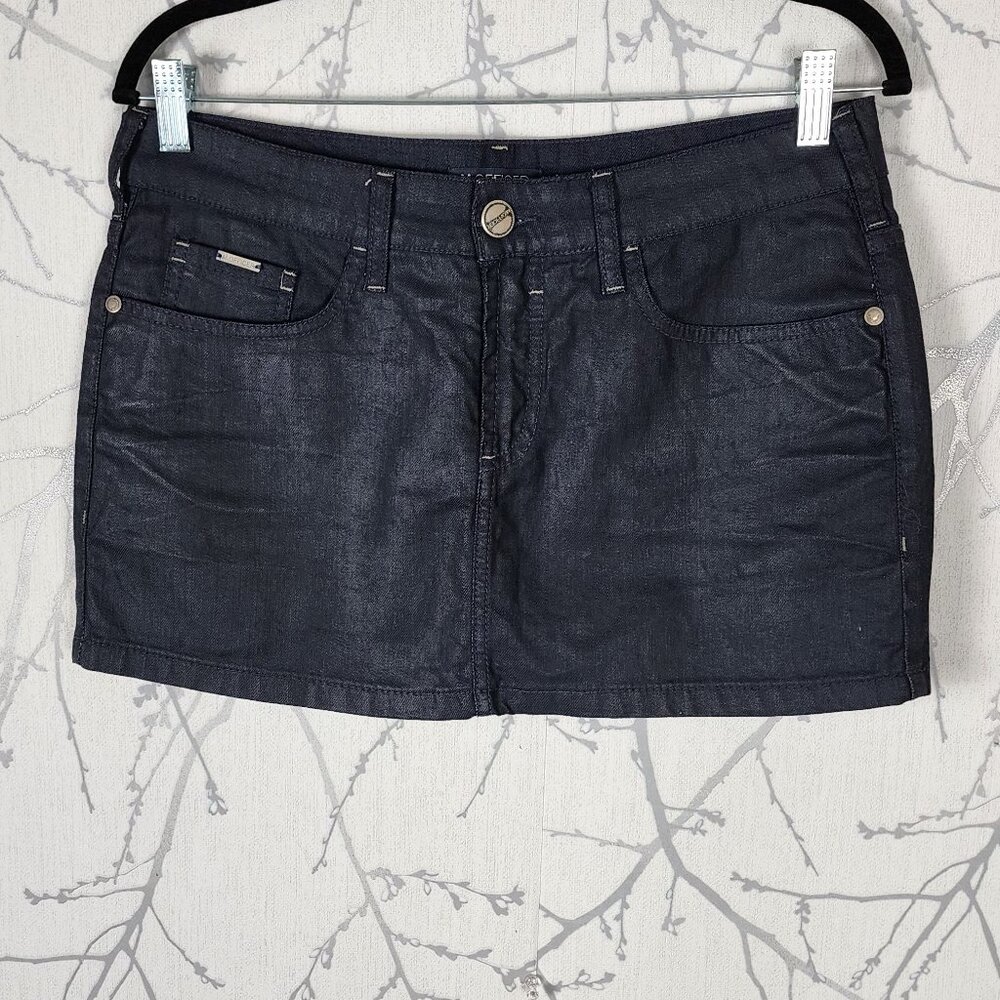 M. Officer Dark Wash Coated Denim Low Rise Mini Skirt